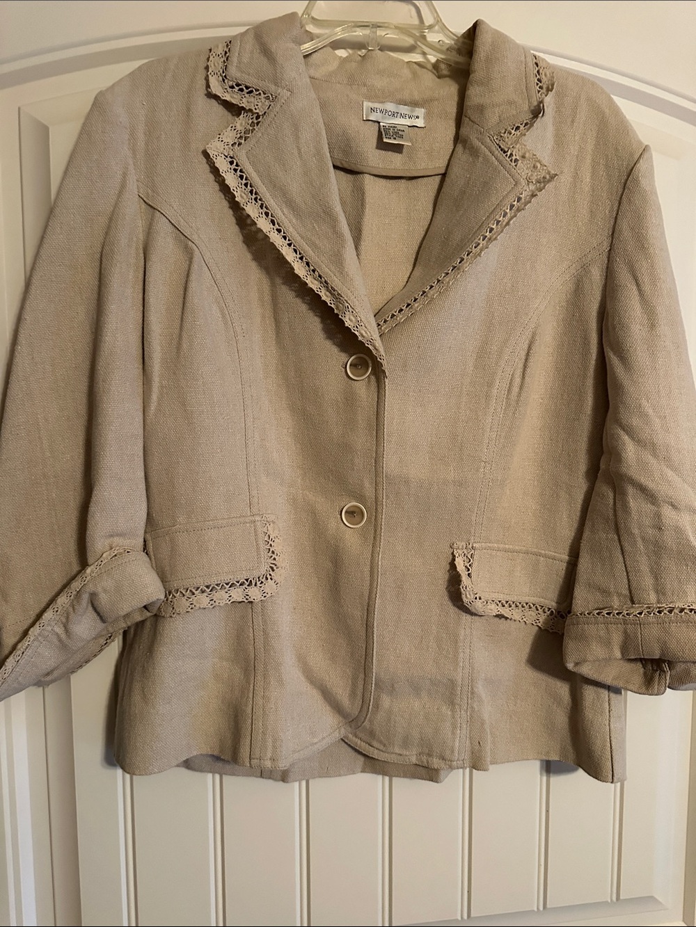 Newport News Beige Crochet-Trim Linen-Blend Blazer